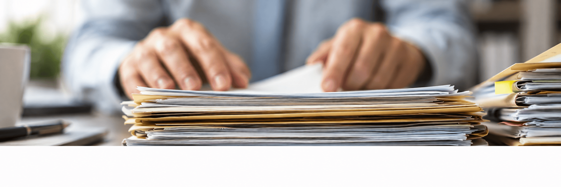 Persona revisando documentos y papeles en un escritorio de estudio.