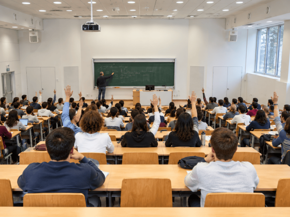 Estudiantes en aula con profesor en pizarra, participando activamente en clase.